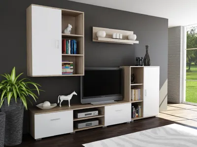Produktbild von Wohnwand Ikar Per La Vita, Modern Schrankwand, Wohnzimmerschrank mit Hängeschrank, Fernsehtisch, Sideboard und Wandregal, Sonoma-Weiß