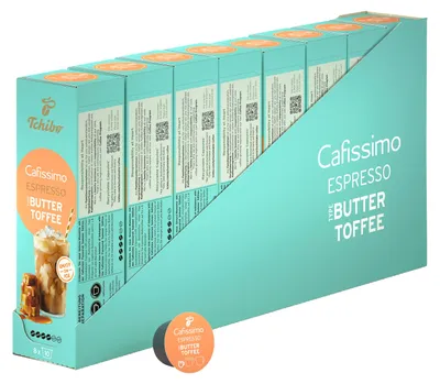 Produktbild von Tchibo Cafissimo Flavoured Summer Edition Espresso Buttertoffee Kaffeekapseln, 80 Stück, Espresso, Geschmack von Buttertoffee, ohne Süßungsmittel, Limited Edition