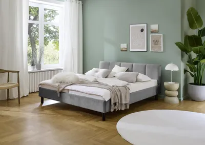 Produktbild von Meise Möbel Polsterbett Joker 180x200 cm | Doppelbett | Bettgestell | Kopfteil mit tiefem Einzug | Strukturstoff Grau | Holzfuß schwarz