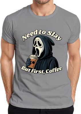 Obrázek produktu pro Ale nejdřív káva Grim Reaper Halloween Coffee Gothic Funny Scary Pánské tričko, šedá, M