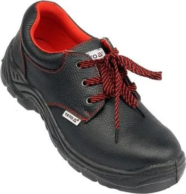 A single black work shoe with red laces and red stitching, shown from a slightly elevated side angle against a white background.