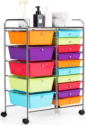 Produktbild von GOPLUS Rollcontainer mit 15 Schubladen stapelbar, Rollregal Farbewahl, Beistellwagen mit 4 Rädern, Rollwagen Badregal