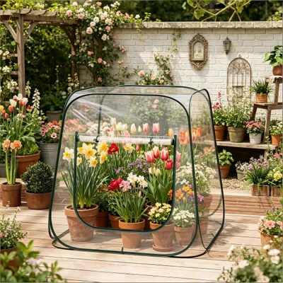 Produktbild von Pop-up Gewächshaus 100x100x97 cm aus transparentem PVC, Mini-Pflanzenzelt mit U-Reißverschluss, mobiles Tomatenhaus & Frühbeet, inkl. Tragetasche