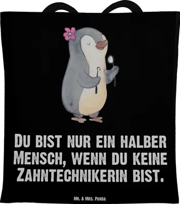 Produktbild von Mr. & Mrs. Panda Shopping Tasche Zahntechnikerin Herz - Schwarz - Geschenk, Laptoptasche, Schultasche, Tote Bag, Jutebeutel, Stoffbeutel