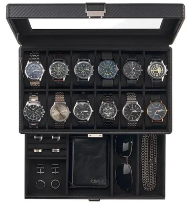 Produktbild von Uhrenbox 12-Slot Schwarz Kunstleder mit Glasdeckel