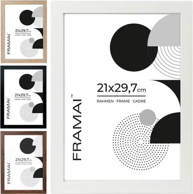Produktbild von FRAMAI® Bilderrahmen 21x29,7 cm Weiß MDF Umweltfreundlichem Rahmen mit Bruchsicheren Plexi, Aufhänger und Aufsteller
