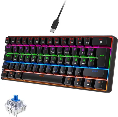 Produktbild von 60% Mechanische Gaming-Tastatur QWERTZ DE, 62 Tasten, klickende Blue Switches, RGB-Hintergrundbeleuchtung,Anti-Ghosting,USB-C kabelgebunden,für Gaming