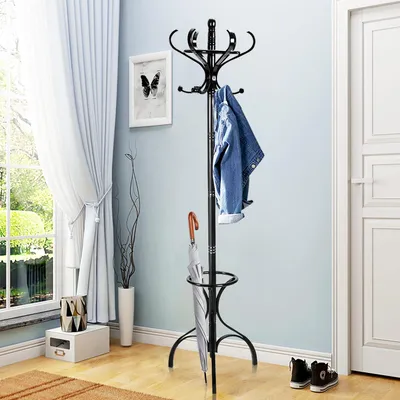 Produktbild von COSTWAY Garderobenständer 182cm, Kleiderständer Holz, Jackenständer mit 12 Haken & Schirmständer, Garderobe Standgarderobe Schwarz