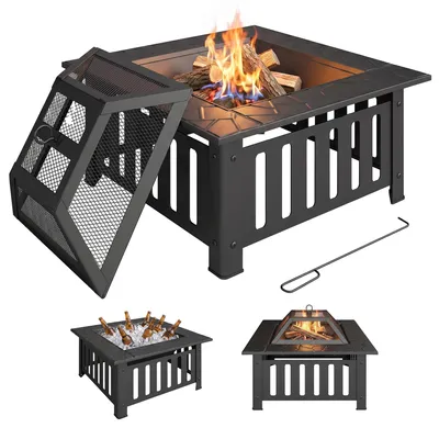 Produktbild von Feuerschale aus Stahl Feuerstelle mit Funkenschutz Schürhaken für Outdoor BBQ Camping 67x67x47cm Schwarz