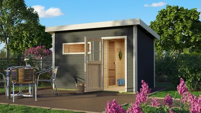 Produktbild von Karibu Saunahaus Außensauna Gartensauna Skrollan 2 terragrau lackiert ohne Zubehör 38mm Massivholz 336x231x227 cm mit Classic Tür