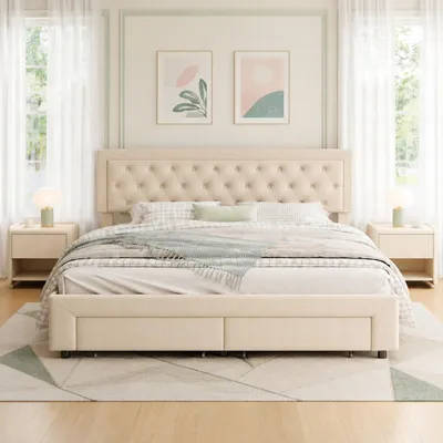 Image de Lit boxspring INONEFT 180x200 cm avec 2 tiroirs, lit rembourré avec système hydraulique de rangement, lit double avec coffre de rangement et sommier à lattes, couleur beige lin
