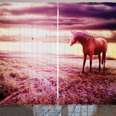Produktbild von ARANDE Pferd Gardine, Pastell tonte Romantische Szene eines einsames Tier auf der Wiese unter Wolken, 280 x 175 cm, Getrocknete Rose Dunkle Magenta