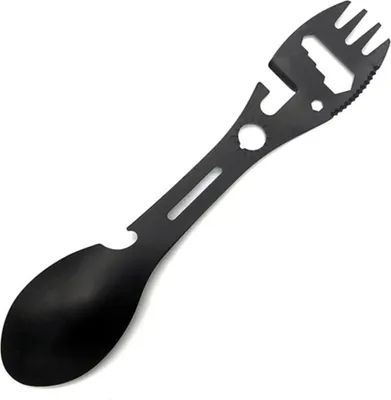 Produktbild von Multifunktionale RVS Spork mit Cutter und Flaschenöffner für Camping und Wandern (Schwarz)