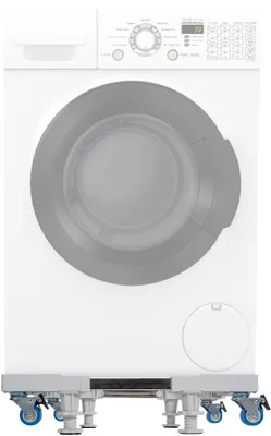 A white washing machine stand with wheels, placed on a white background.