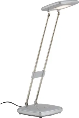 A silver desk lamp with an adjustable arm and LED light.