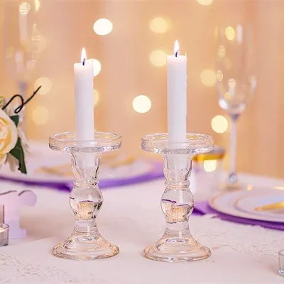 Zdjęcie produktu dla Zestaw 2 eleganckich, szklanych świeczników Unyqoos® – średniej wielkości, o wymiarach 14 cm, idealne do świec stołowych (o średnicy do 7,5 cm) oraz świec prostych | Dekoracja stołu na wesele, imprezy i wydarzenia