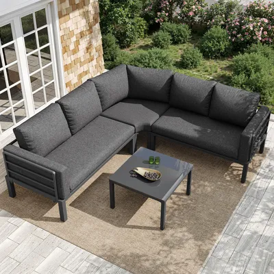 Produktbild von Gartenmöbel-Set 4-teilig verzinktes Eisen Lounge-Set 4-5 Personen Sitzgruppe Ecksofa 10cm Polster Grau