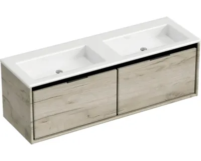 Produktbild von Sanox Badmöbel-Set Loft BxHxT 140,5 x 47 x 45,5 cm Frontfarbe craft oak mit Doppel-Waschtisch Mineralguss weiß Griff chr