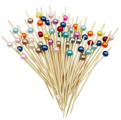 Image de Brochettes en bois avec perles en acrylique, 200 pièces, 12 cm, multicolores, en bambou, pour fêtes, gâteaux, fruits, boissons