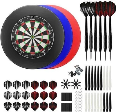 Produktbild von Dartscheibe aus Sisal – Komplett mit Umrandung und 2 Sets Steel-Darts (23 g) – Offizielle Turniermaße – Schwarz – Rund – Für Freizeit- und Heimgebrauch