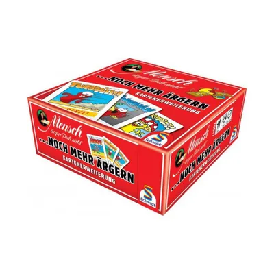 A red board game box with cards displayed on top.