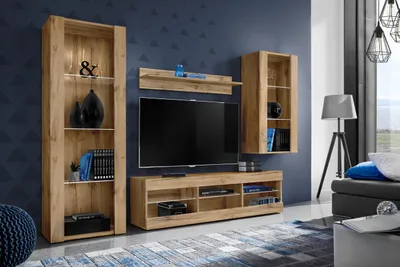Produktbild von Komodee | Wohnwand mit TV-Schrank und Vitrine Tivoli Set Medio, Korpus Wotan Matt Frontfarbe Wotan Matt, ohne LED