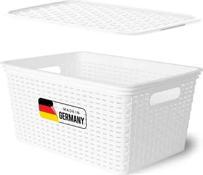 Produktbild von Novaliv Aufbewahrungsbox mit Deckel Groß 14L Korb Weiß in Rattan Design Lebensmittelecht Aufbewahrungskorb Stapelbox Nestbar Kunststoff BPA-frei Kiste Verstaubbox mit Deckel