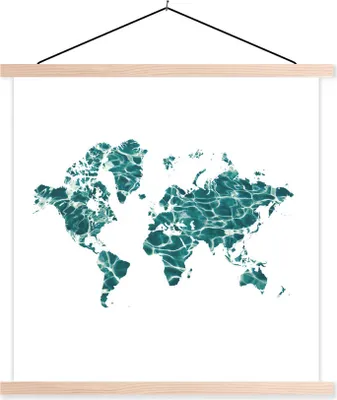 Produktbild von MuchoWow® Textilposter Weltkarte - Meer - Weiß 120x120 cm mit holzfarbenen Rahmen - Textil-Poster