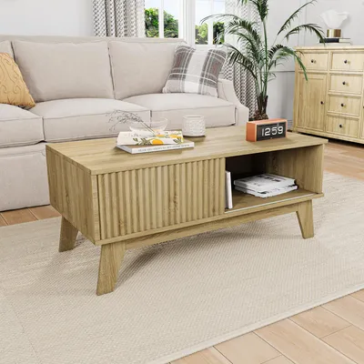 Produktbild von UnboxG Couchtisch Holz mit Schiebetür & offenem Staufach, moderner Wellenfront Sofatisch mit schrägen Holzbeinen, Landhausstil Wohnzimmertisch für Wohnzimmer