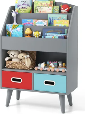 Produktbild von GOPLUS Bücherregal für Kinder, Kinderregal mit 3-stöckigen Regalen, offenem Fach, 2 faltbaren Schubladen & Kippschutz-Sets, Grau