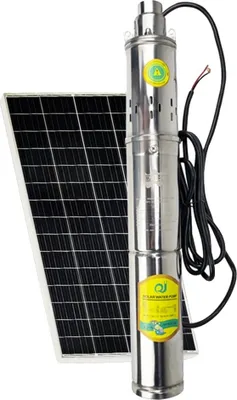 A solar-powered water pump and a solar panel are shown against a white background.