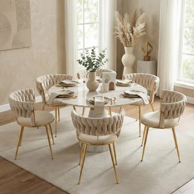 A dining room scene with a marble-topped round table and six upholstered chairs.