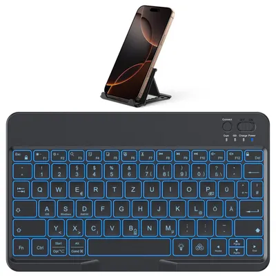 Produktbild von Bluetooth Tastatur für iOS Android Windows mit Telefonhalter Tastatur mit Hintergrundbeleuchtung Wiederaufladbar QWERTZ Vergrößerte Tastenkappen Tragbare