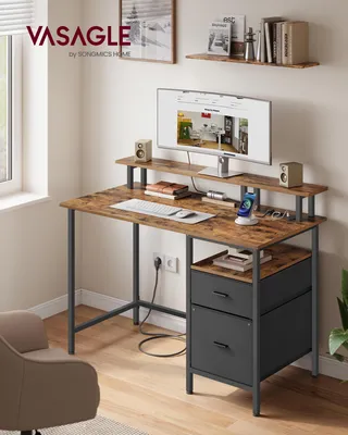 Produktbild von VASAGLE Arbeitstisch mit Monitorständer und Stoffschubladen, Computertisch mit Ladestation, für Büro, 120 x 60 cm, braun