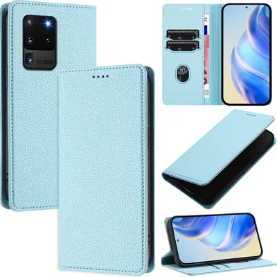 Produktbild von Litchi Leder Handyhülle für Samsung Galaxy S20 Ultra Wallet Kartenfächer Standfunktion Hülle Hellblau