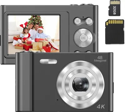 Obrázek produktu pro Andoer 4K digitální fotoaparát, videokamera, 48 MP, 2,4palcový IPS displej, automatické ostření, 16x digitální zoom, ochrana proti otřesům, detekce obličeje, nahrávání úsměvu, vestavěný blesk a dobíjecí baterie s paměťovou kartou 32 GB, vánoční dárek pro děti a mládež
