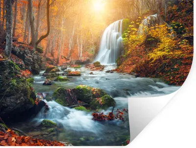 Obrázok produktu pre MuchoWow® Nálepka na stenu - Vodopád - Slnko - Jeseň - 120x90cm - Samolepiaca a polohovateľná