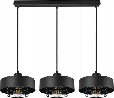 A black three-light pendant lamp with metal shades and exposed bulbs, suspended from a black rectangular bar.