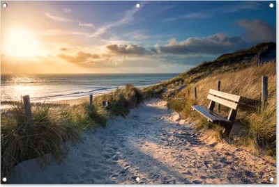 Produktbild von MuchoWow® 120x80 cm Outdoor-Poster Gartendeko Sichtschutz Garten Poster für den Garten  Sonnenuntergang - Strand - Düne - Gras - Bank