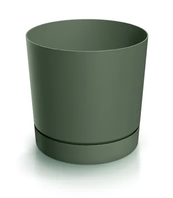 A green planter pot with a matching saucer, shown against a white background.