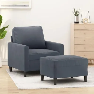 Produktbild von Dunkelgrauer Sessel mit Hocker, gepolsterter Relaxsessel aus Samt mit Fußhocker, moderner Polstersessel mit Metallgestell für das Wohnzimmer, 78x77x80 cm