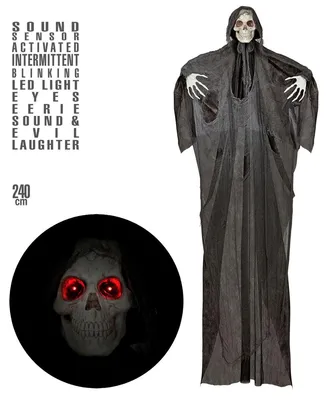 Zdjęcie produktu dla Ponury żniwiarz z pulsującymi, migającymi oczami LED + przerażające dźwięki + śmiech 240 cm dekoracja Halloween