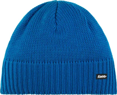 A blue knitted beanie hat shown from the front.