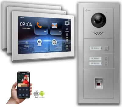 Produktbild von Goliath IP Video Türsprechanlage: 10-Zoll 3 Familienhaus, Fingerprint, Silber : 10 Zoll Weiß : 4er POE : Aufputz Dose Anschluss: 4er POE Monitor Farbe: 10 Zoll Weiß Montage: Aufputz Dose