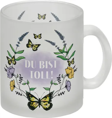 Produktbild von Glas Tasse mit motivierenden Worten und Blumenrahmen mit Schmetterlingen