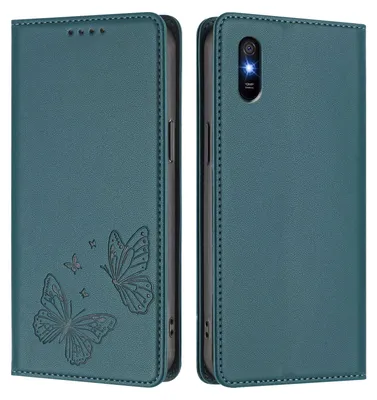 Obrázek produktu pro Kožené pouzdro pro Xiaomi Redmi 9A, motýlí ražbou, peněženkové flip pouzdro se stojánkem Zelená