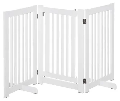 Zdjęcie produktu dla Barierka dla psa z drzwiczkami – wolnostojąca barierka dla psa | Kolor: Biały | Wymiary: 155 x 35,5 x 76 cm