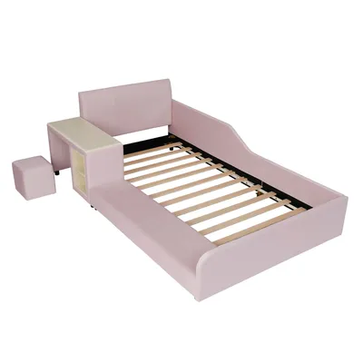 Produktbild von Flieks Polsterbett Kinderbett 90x200cm mit Schreibtisch und Hocker, Bodenbett Einzelbett mit Rausfallschutz, Holzbett mit Lattenrost, Samt, Rosa