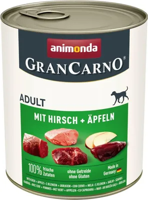 A can of dog food with images of meat and apples on the label.