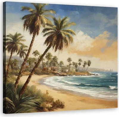 Image de Toile Palmier Mer Paysage tropical 30x30 Feeby Beige Image pour le mur prête à accrocher